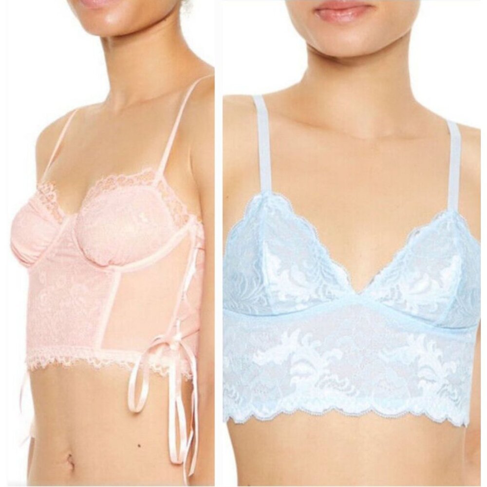NEW 2PC Lace‎ Longline Bralette Blue, Bustier Lingerie Bralette Pink S
